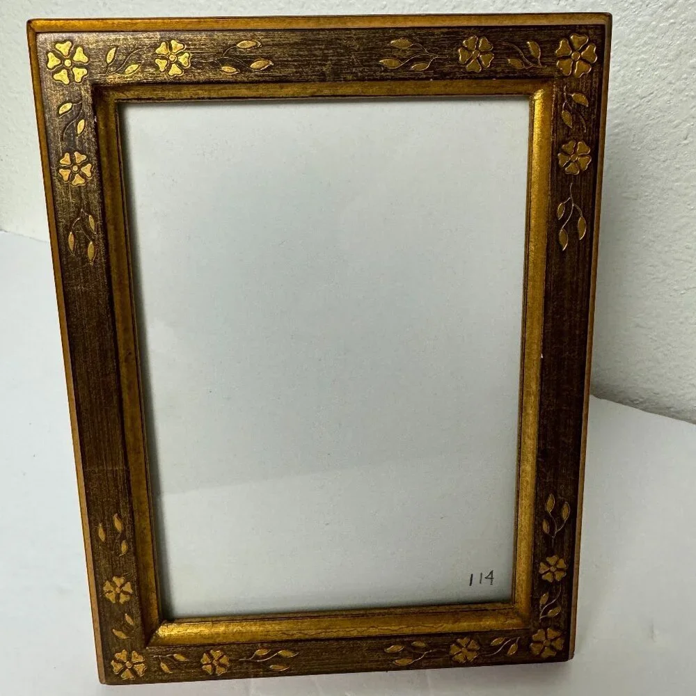 Vintage Wooden Picture Frame Flowers Gold Patina